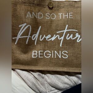 Brown Jute Tote Bag with White Text